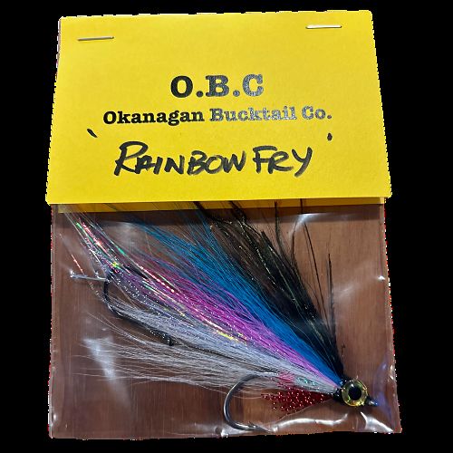 An O.B.C Rainbow Fry bucktail fly, hand-tied in West Kelowna