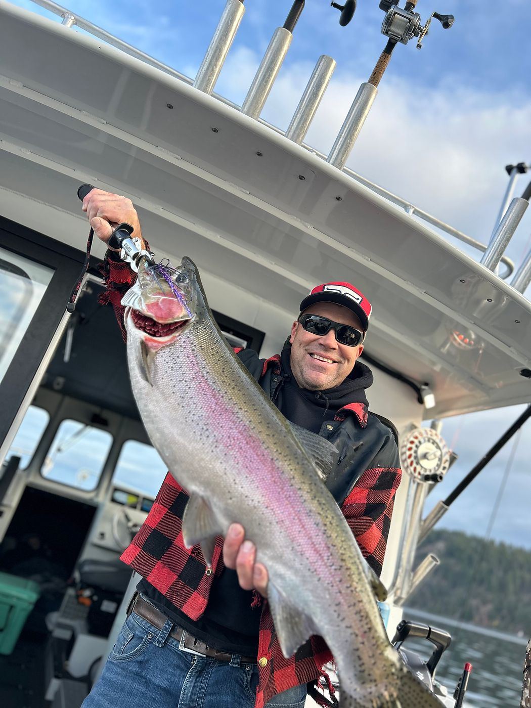 Rainbow trout hoisted on the boat at the end of the fight